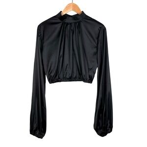 TO MY LOVERS Mock Neck Crop Top Size‎ L Black Satin Long Sleeve Blouse NWT